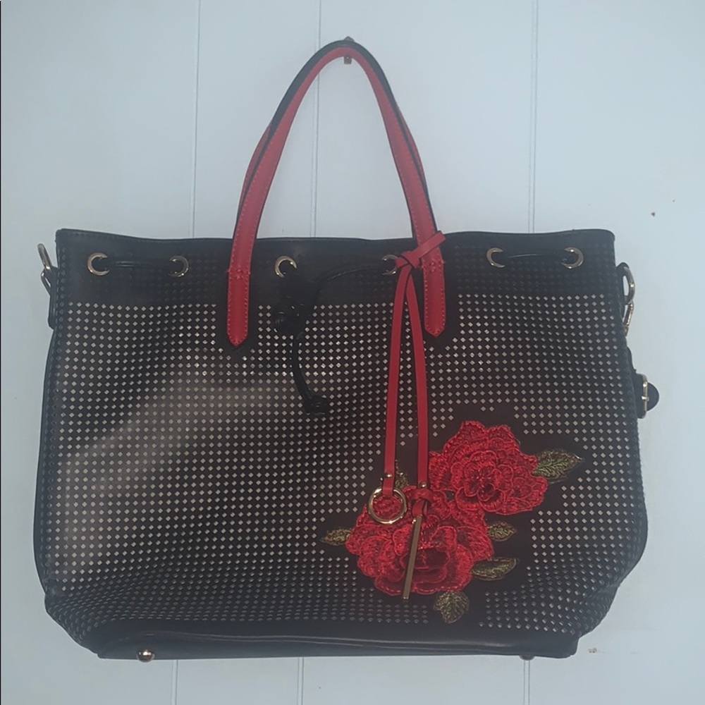 Rose embroidered Black Purse